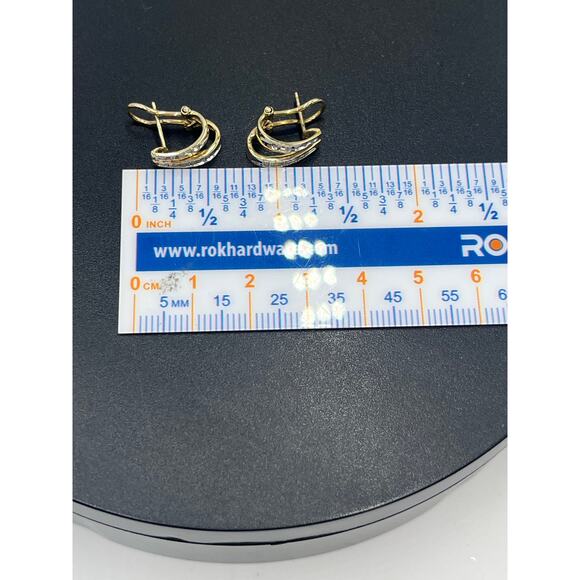 10K Yellow Gold 30 Diamonds Round  Baguette Channel Huggie Hoop Omega Earrings - Picture 3 of 12